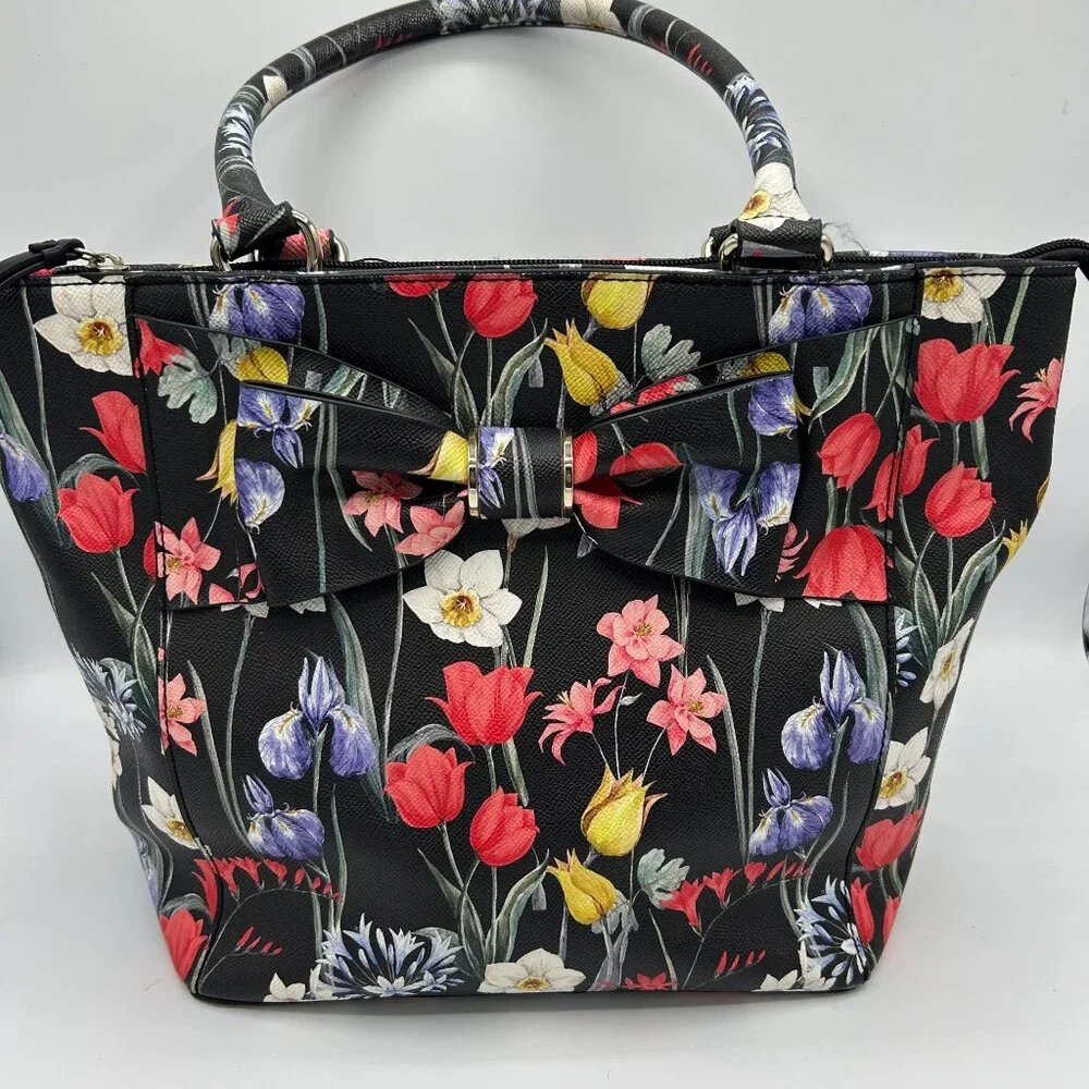 APT 9 Floral Print Handbag Tote With Bow Detail & Multiple Pockets